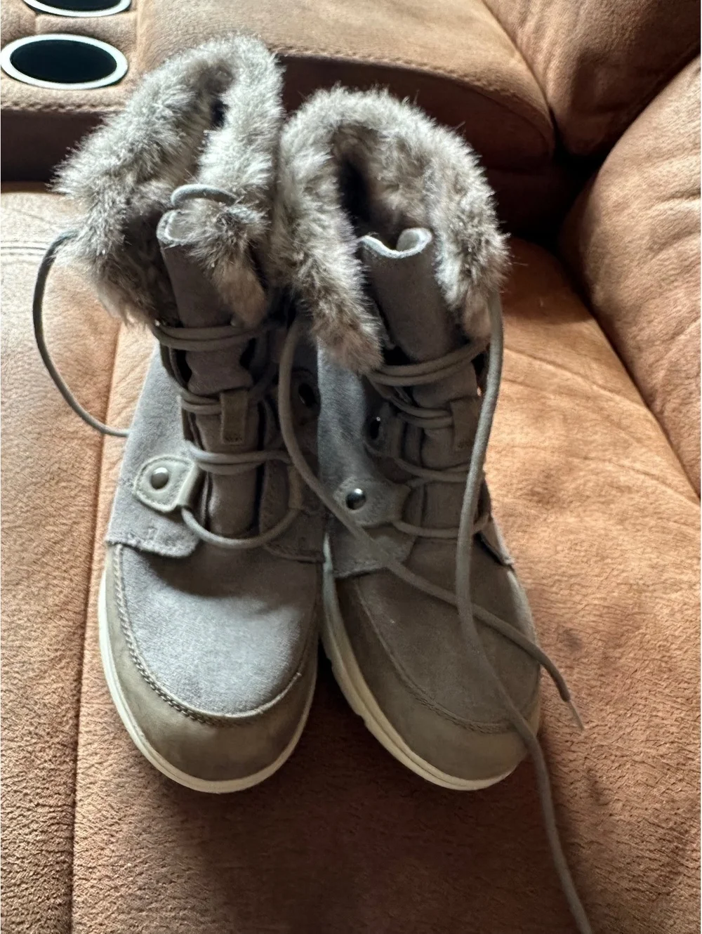 Sorel Explorer Joan Waterproof Winter Boots Grey Suede Faux Fur Women's 7.5